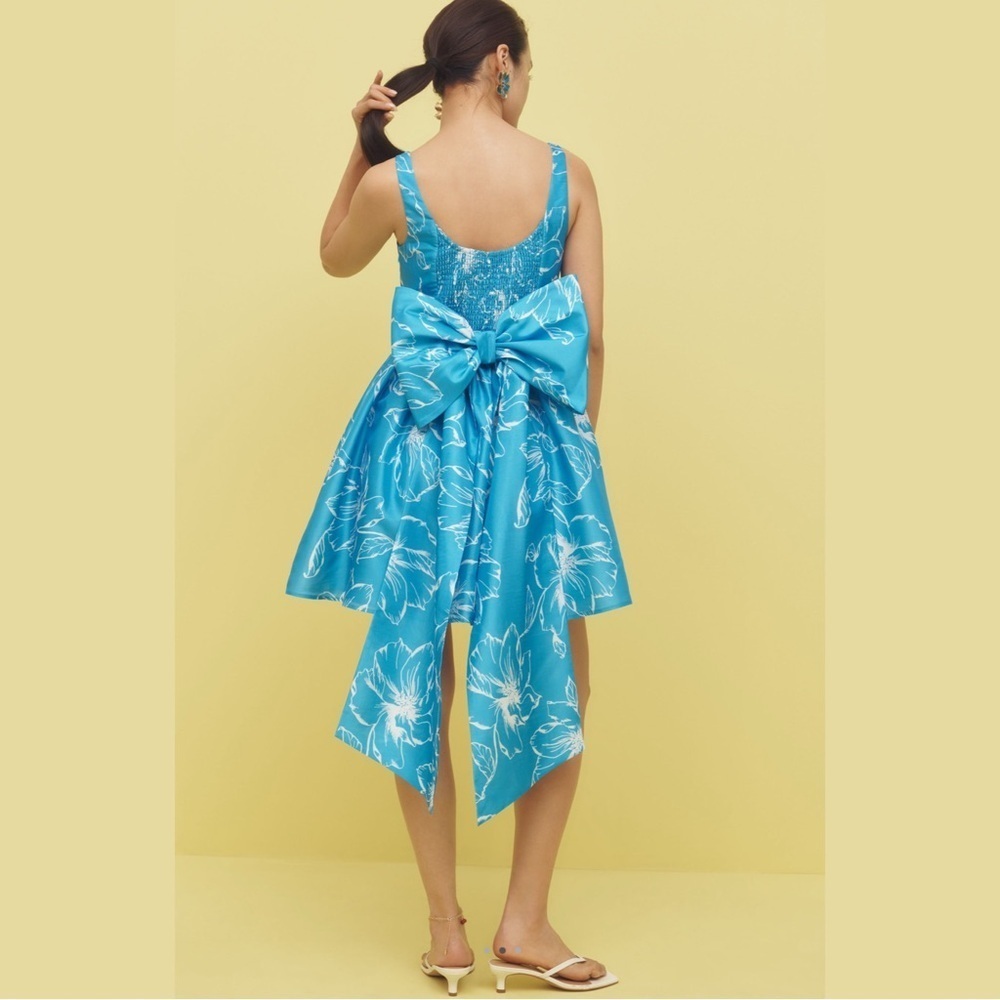 Hutch Blue Floral Jacquard Sleeveless Mini Dress w/ Oversized Back Bow | NWT M